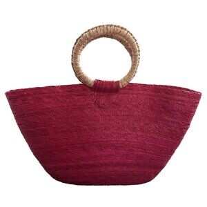 Pink Straw Tote Bag Large Boho Woven Half Moon Bracelet Handle Summer Beach NWOT